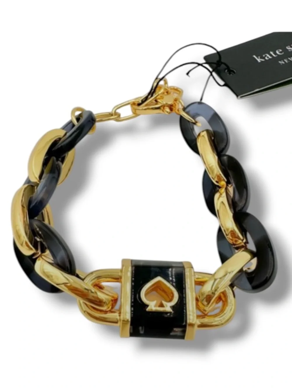 Lock and Spade Link Bracelet by Kate Spade New York NWT $128 Black Navy Gold - Picture 2 of 9